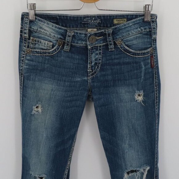 Silver Jeans Women 5 Twisted Bootcut Distressed Denim Solid Blue White Seams - Picture 2 of 15